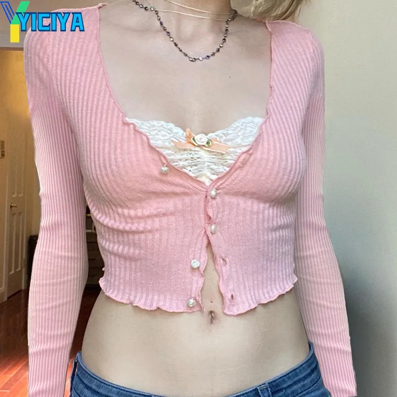 

YICIYA Lace Spliced Knitted Buttons Cardigan Top For Women Y2K Long Sleeve Basic T Shirts Spring Autumn Casual Tees Korean Tops