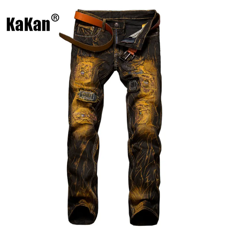 Kakan - Worn Out Slim Fitting Straight Tube Men's Jeans, New European and American Distressed Coating Men's Vintage Jeans K14