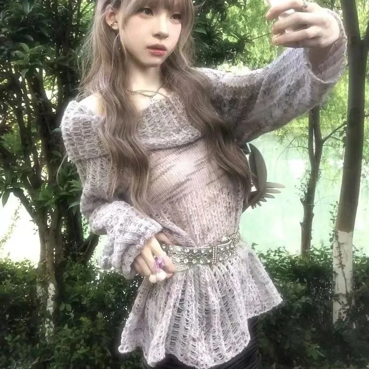 Модные пуловеры с вырезом на шее Y2k свитера длинными рукавами в стиле гранж Mujer