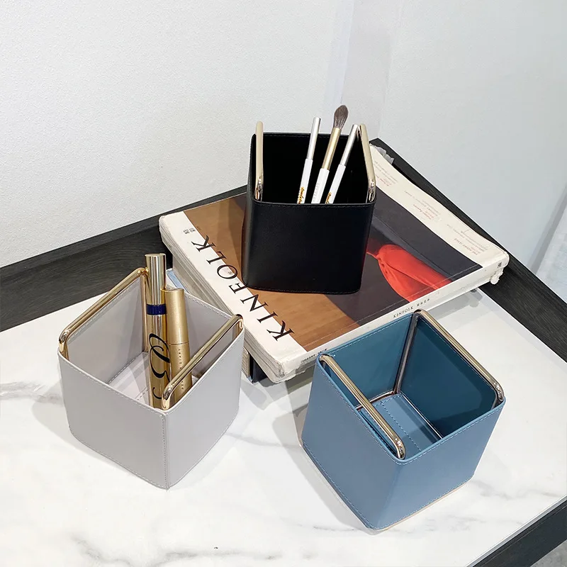 

Nordic PU Storage Box Desktop Remote Control Makeup Brush Storage Pen Holder Creative Portable Office Organizer Storage Box