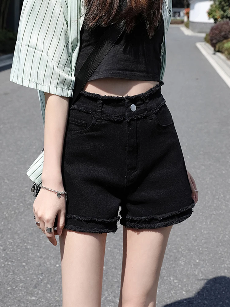 Streetwear Women High Waist Wide Leg Raw Hem Denim Shorts Spring Summer Female Frayed Retro Jeans Shorts Bottoms