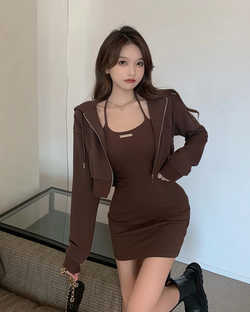 

Make spice sexy short skirt hung dew shoulder neck dress suit women long sleeve hooded short coat
