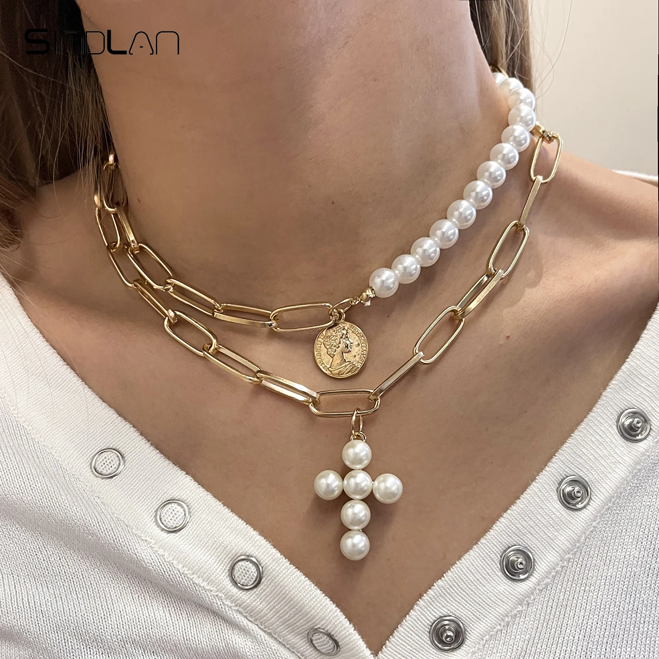 

Sindlan Double Layer Vintage Gold Color Pearl Pendant Necklace for Women Men Punk Cross Portrait Couple Y2k Emo Jewelry Collares