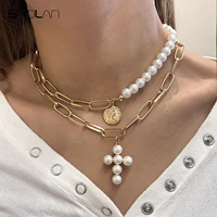 sindlan double layer vintage gold pearl pendant necklace for women men punk cross portrait couple y2k emo fashion jewelry collar