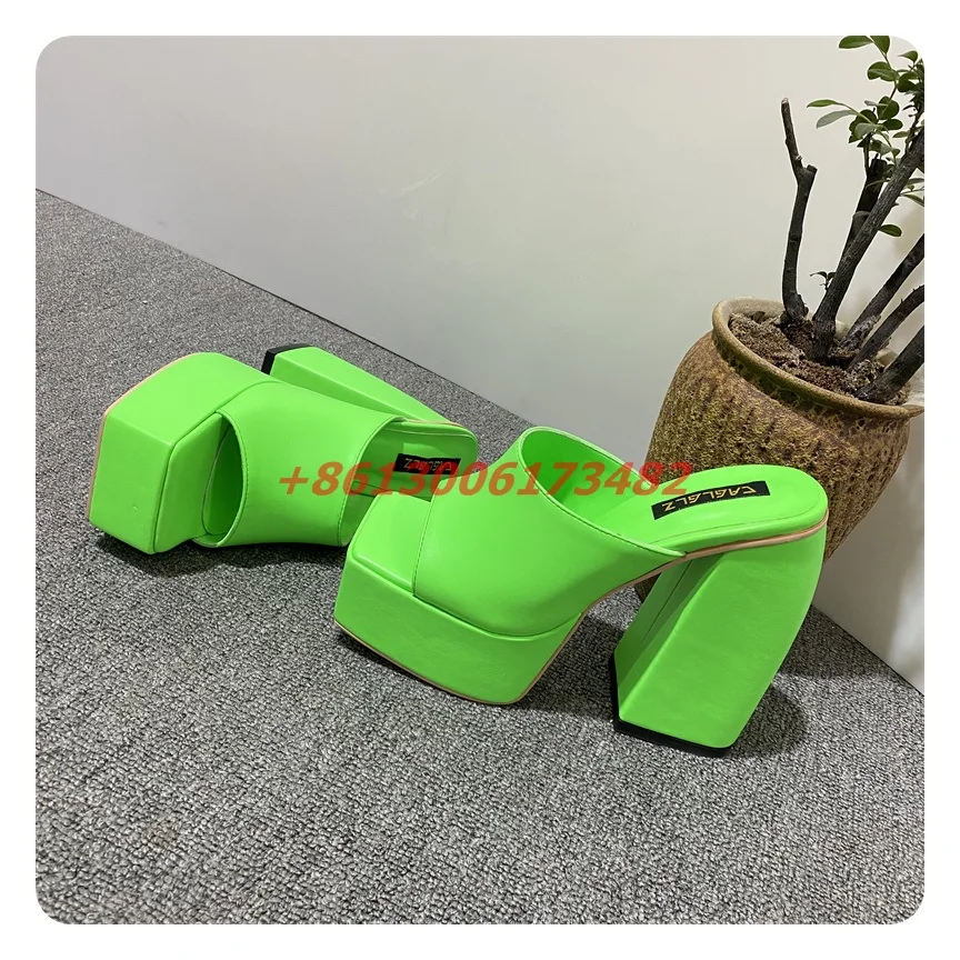 Женские шлепанцы конфетных цветов квадратный каблук платформа открытые Тапочки