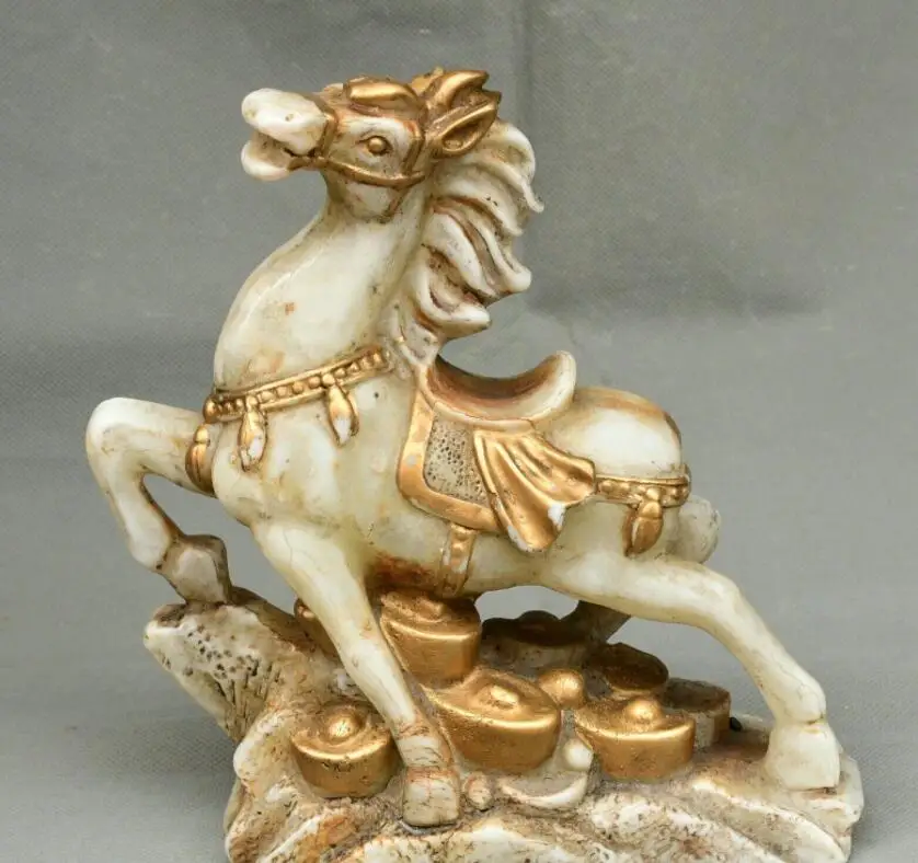 

7.8'' China Old White Jade Gilt Carved Yuanbao Zodiac Year Animal Horse Statue