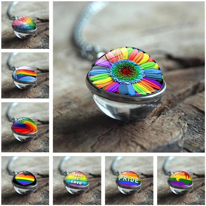 LGBT Gay Pride Necklace Double Sided Glass Pendant Sweater Jewelry |