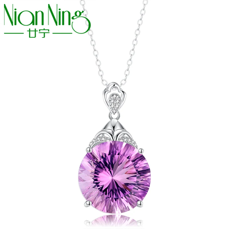 NianNing 100% Amethyst 925 Sterling Silver Pendant Necklace Women Purple Big Size Stone Gem Gemstones Gift S925 Fine Jewelry 686