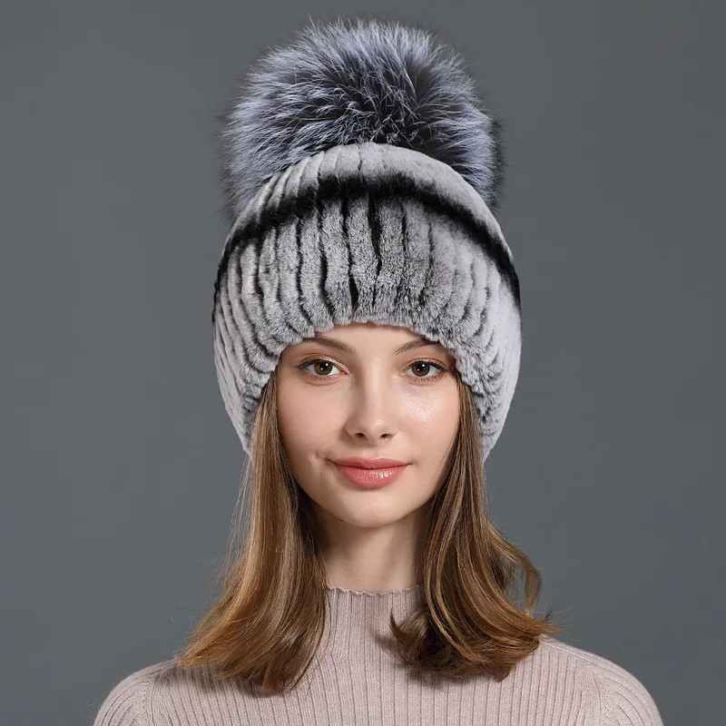 Real Rex Rabbit Fur Bobble Hats Women Natural Fox Fur Pompom Ball  Beanies Winter Warm Thickened Ear Protection Caps 2022 New