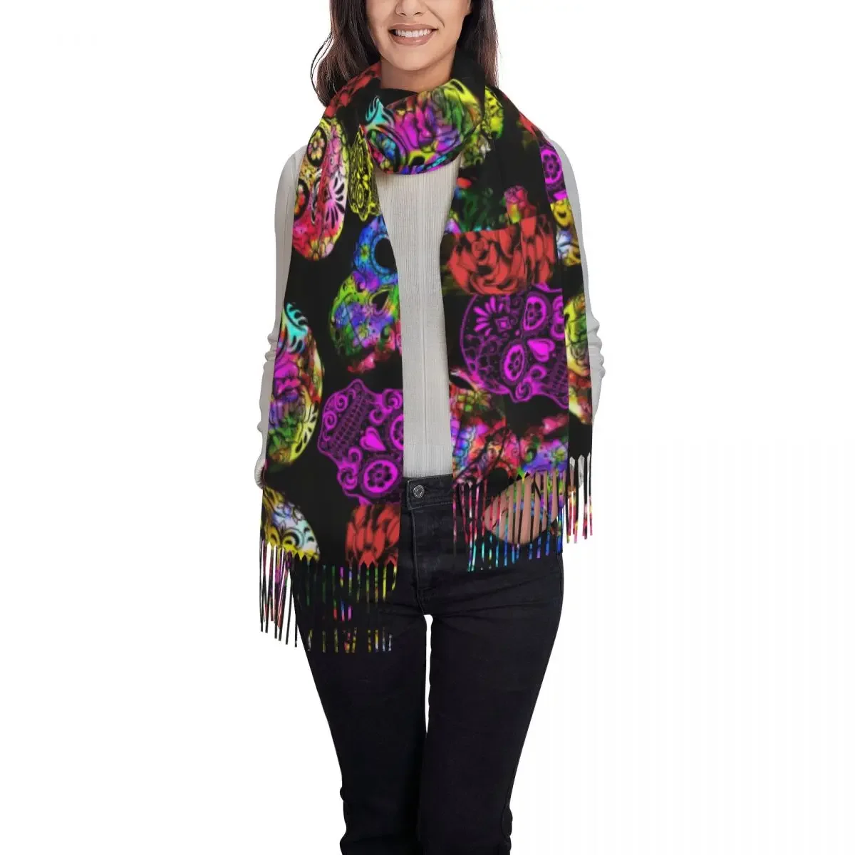 Шарф с изображением сахарных черепов модные теплые мягкие шали кисточками