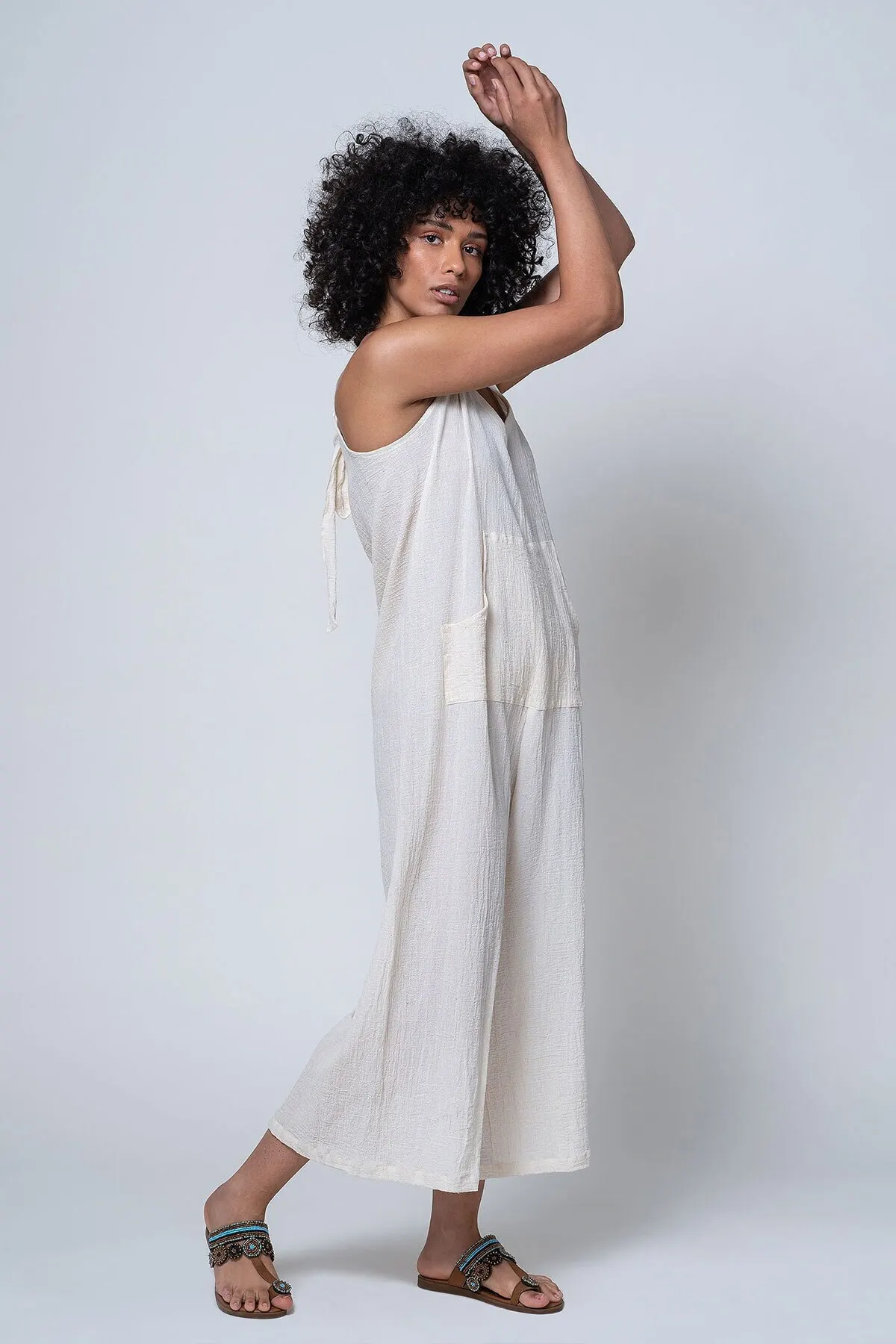 

Women's Overalls Ecru Natural Kivu V-Neck Thin Strap Back Tie Kangaroo Pocket Midi Jumpsuit Hot Casual Fashion Jumpsuit Hot Casual Fashion Jumpsuit