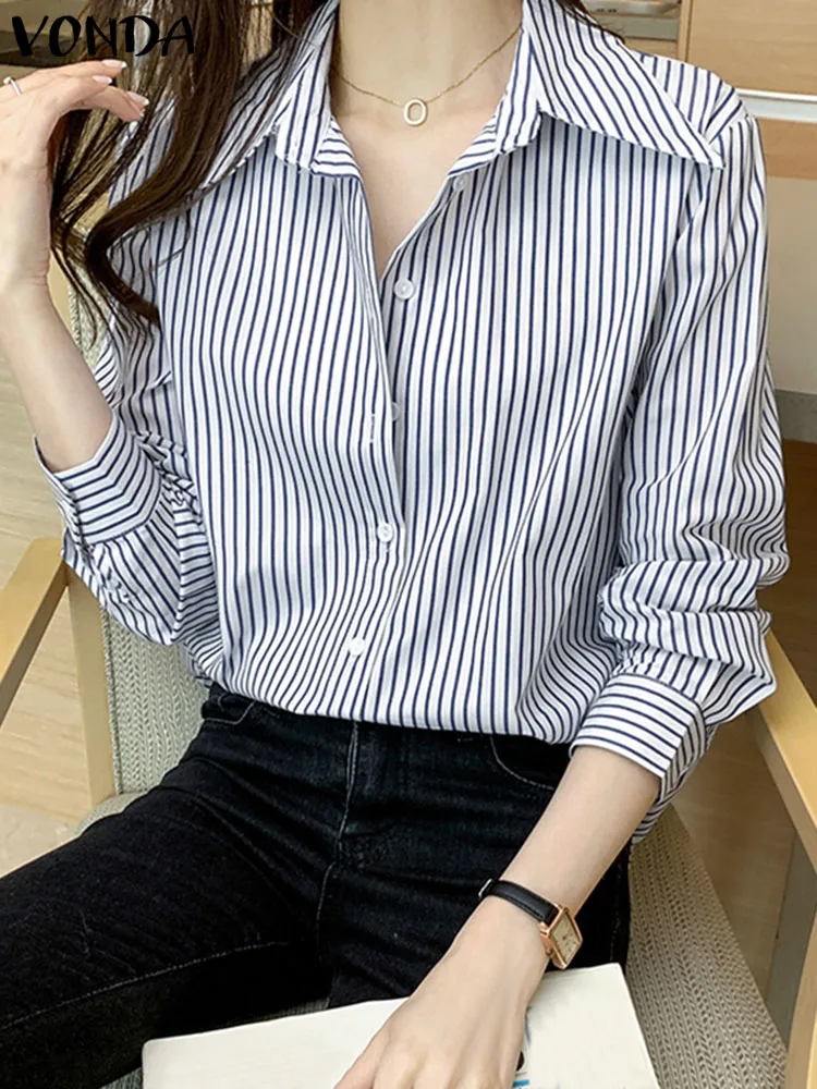 

Elegant Shirts VONDA Fashion Women Striped Vintage 2023 Long Sleeve Blouses Buttons Casual Loose Tunic Tops Blusas Femininas