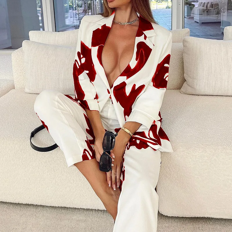 

Women Blazer And Pant Sets Two Pieces OL Single Button Jacket Formal Suit Autumn Winter New Notched Collar Printing Outfits