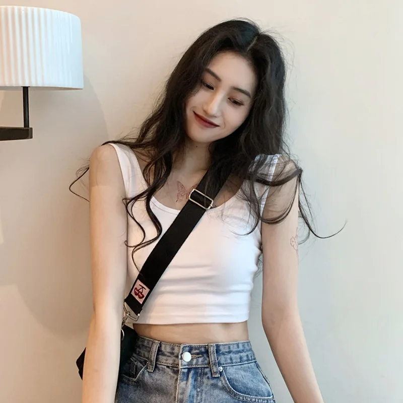 

Women Tank Tops Summer Sleeveless Square Collar T-shirt Navel Exposed Sexy Girls Short Bottoming Top Korean Basic Crop Top 2023