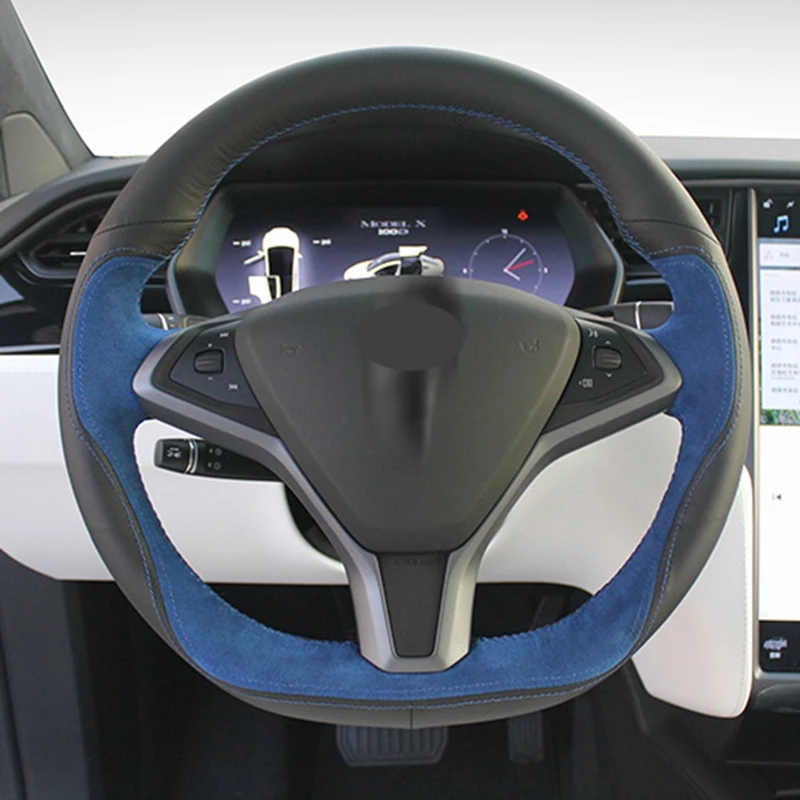 

Black Genuine Leather Suede Car Steering Wheel Cover For Tesla Model S Model X