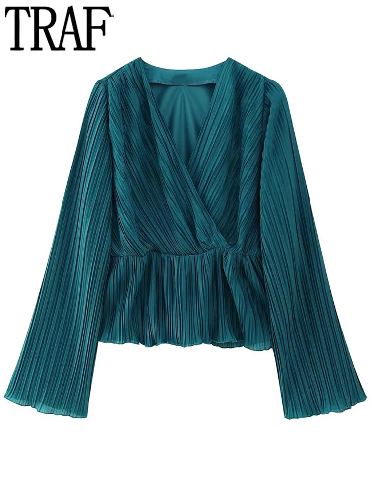

TRAF Women Blouse Pleated Elegant Female Blouses 2022 Long Sleeve Top Woman Autumn Winter Fashion Ruched Chiffon Tops For Women