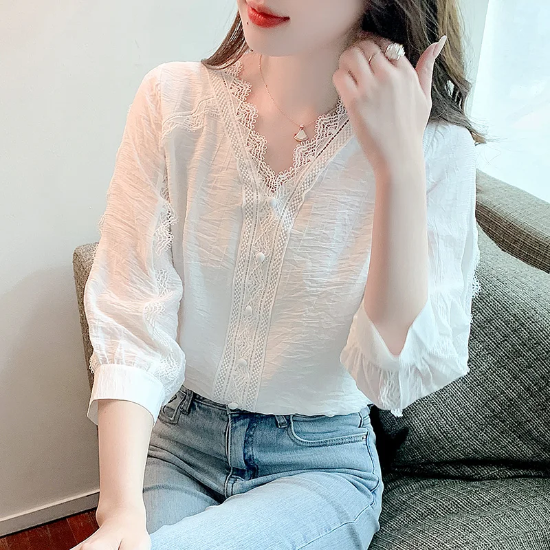Милая кружевная блузка Элегантные повседневные топы с пышными рукавами весна 2023