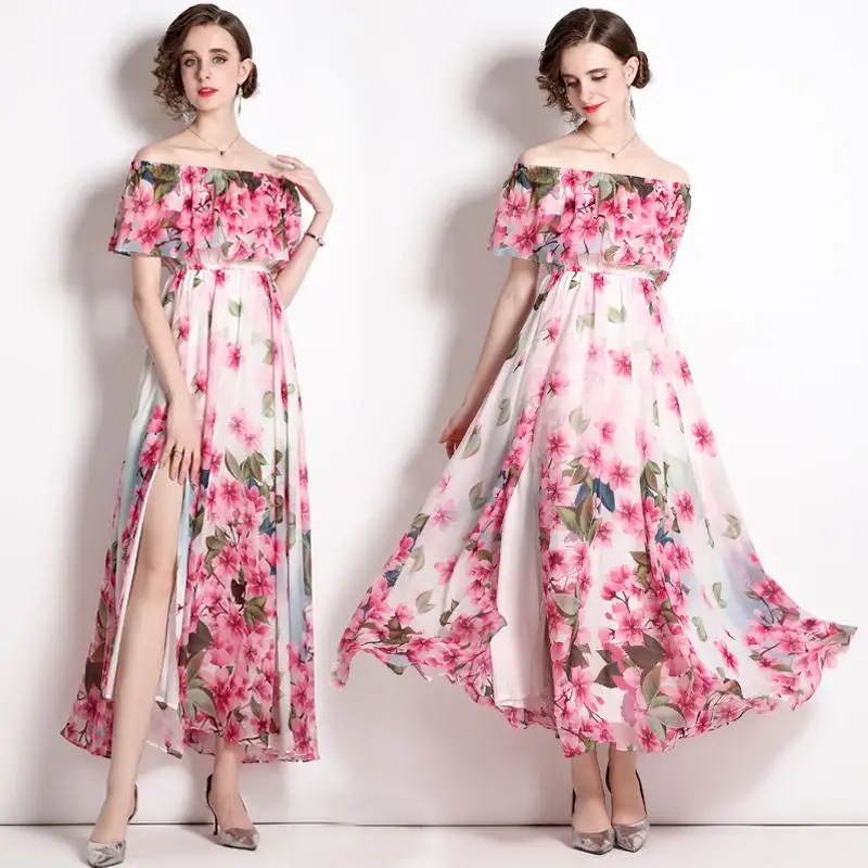 

Fashion Teen Girl Sweet Pink Color Floral Summer Dresses Bodycon Ruffles High Wasit Sexy Shoulder Off Side Spilts Glam Vestidos
