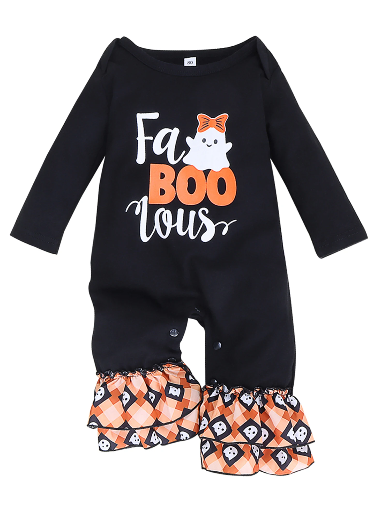 

Baby Romper Halloween Letter Ghost Bowknot Print Round Neck Long Sleeve Ruffle Jumpsuit for Girls 3-24 Months