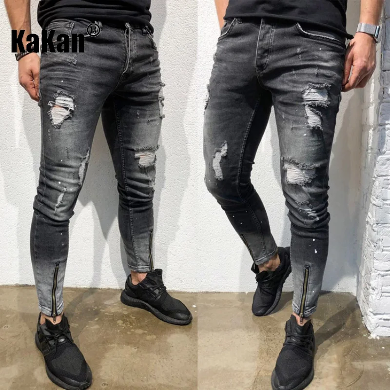 Kakan - New European and American Trend Distressed Small Leg Jeans for Men, Black Leg Zipper Stretch Long Jeans K45-NK52