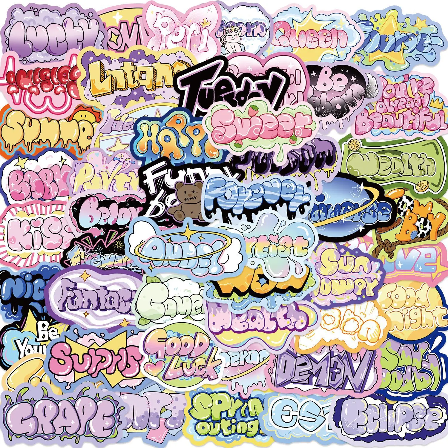 

50Pcs INS Style Words Stickers Cartoon Graffiti Ornament Stationery Refrigerator Guitar Skateboard Waterproof Sticker toys