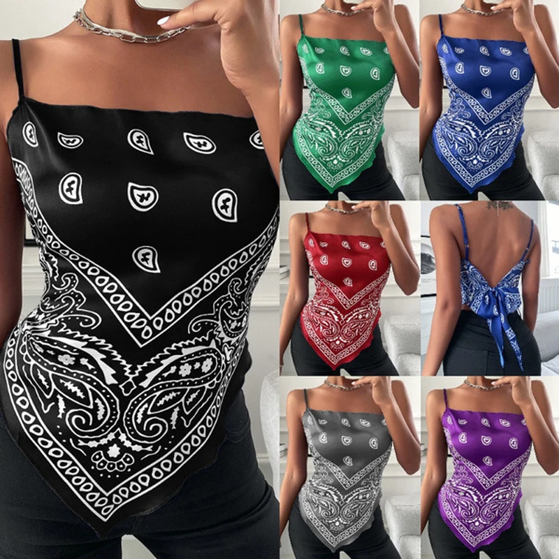 

Summer Women's Sexy Irregular Tank Top Casual Print Sleeveless Backless Bandana Camisole Tie Up Backless Wrap Bust Crop Tops