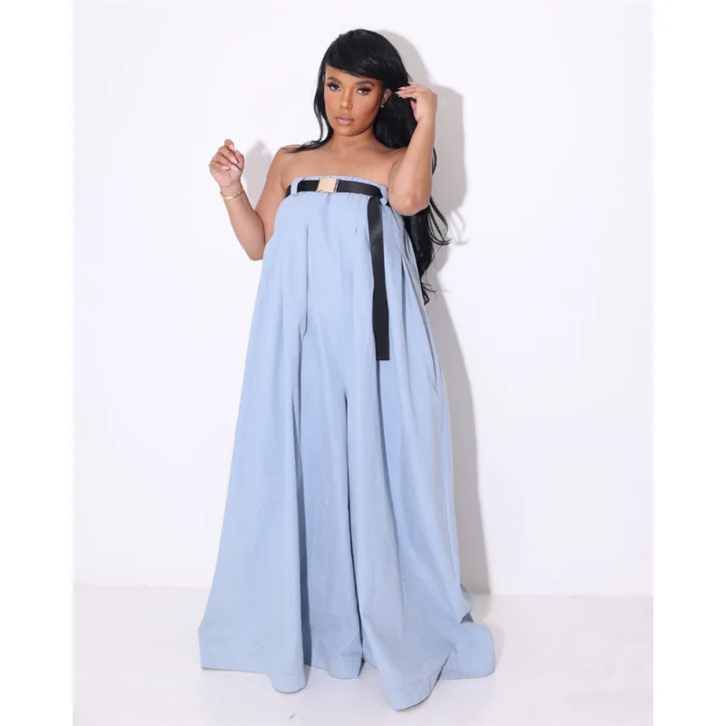Elegant Solid Loose Jumpsuits with Belt Women Sexy Strapless Overall Wide Leg Pants New Popular Sexy 2023 Summer Vocation Romper