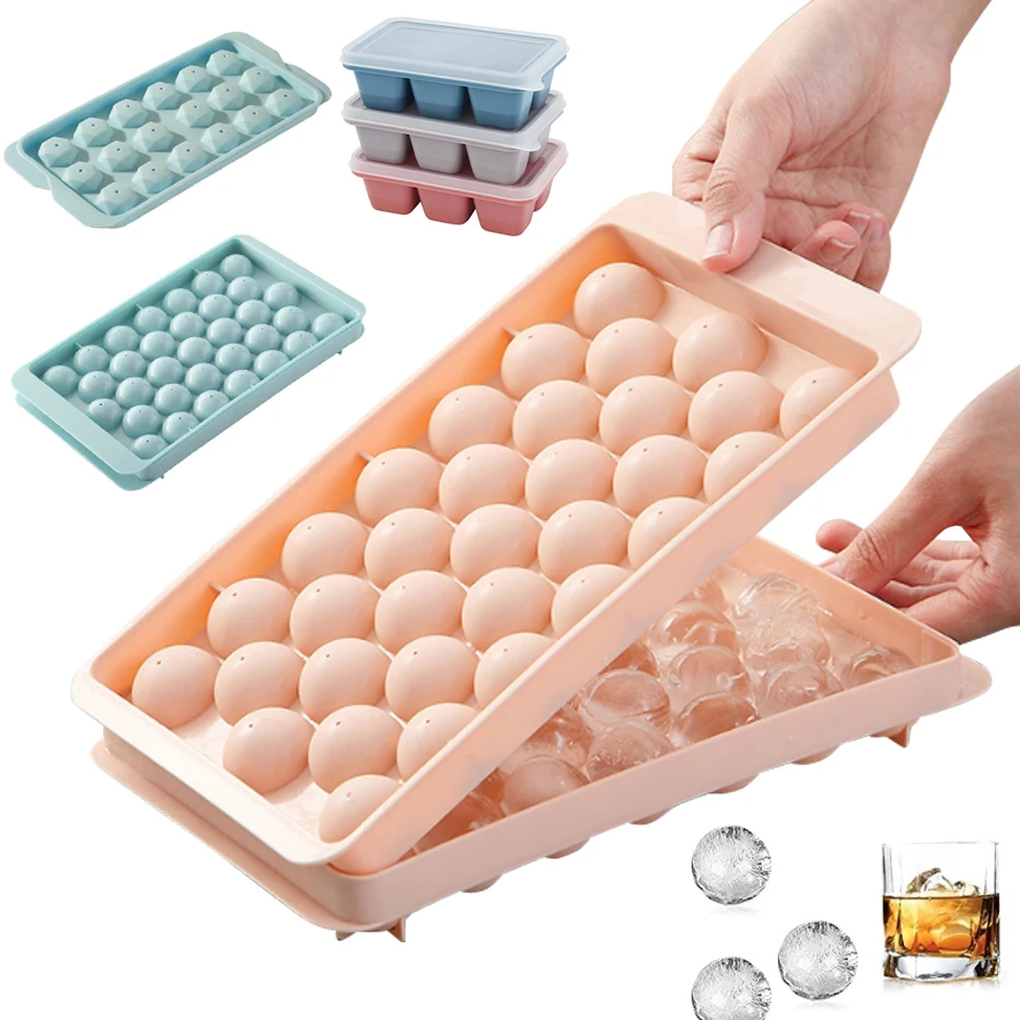 

3D Round Ice Cube Tray with Lid Plastic Diamond Style Ice Mold Refrigerator Spherical DIY Moulds Ice Ball Maker Kitchen Tools