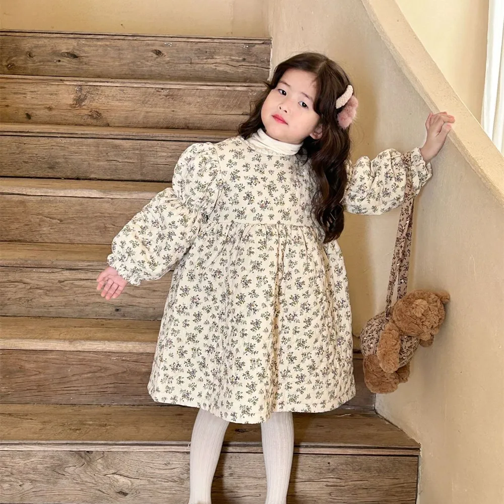 

Детская одежда, зимнее теплое платье для маленьких девочек, платье для девочек с цветочным узором