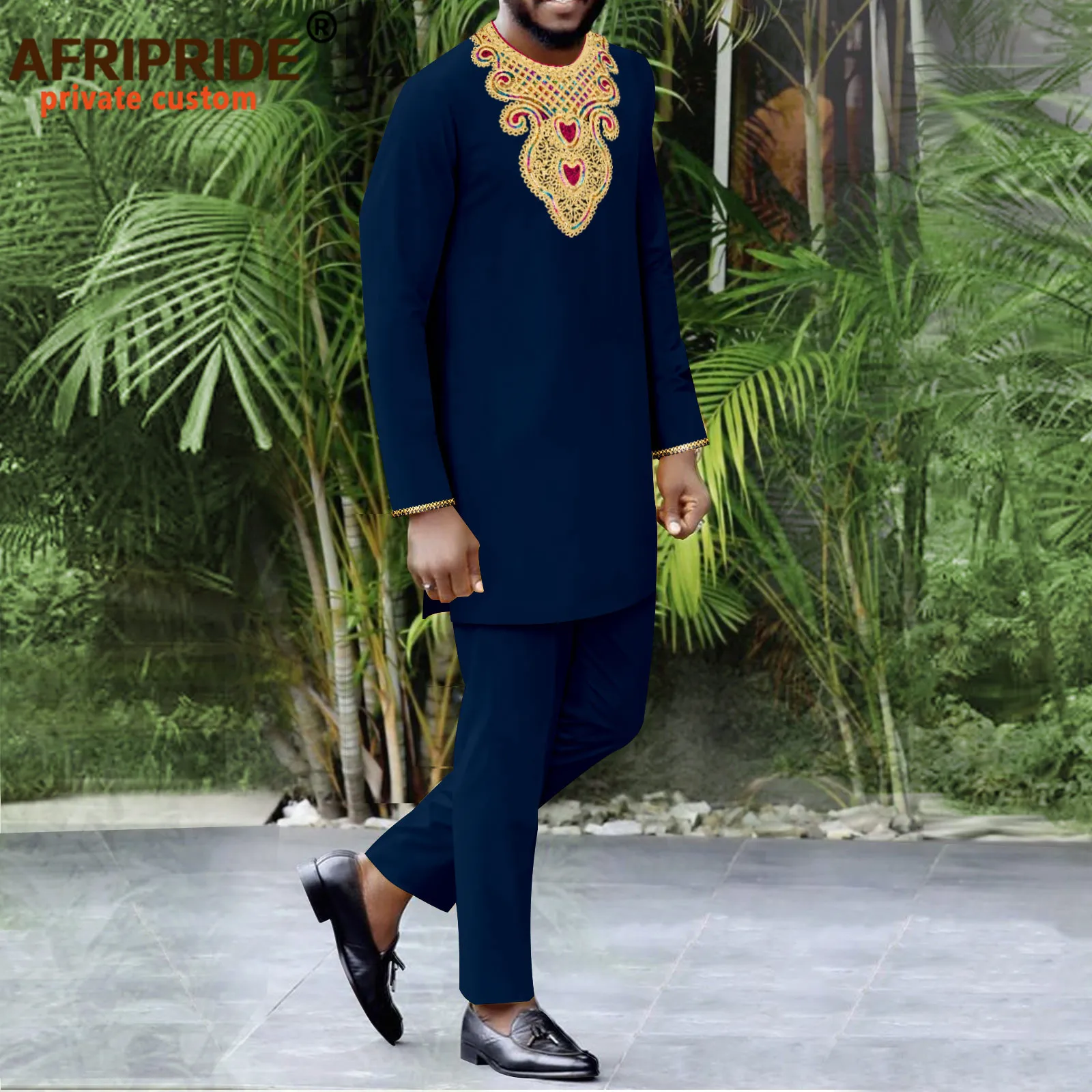 African Suits for Men Embroidery Shirts and Ankara Pants 2 Piece Set Plus Size Outfits Kaftan for Wedding Evening A2216104