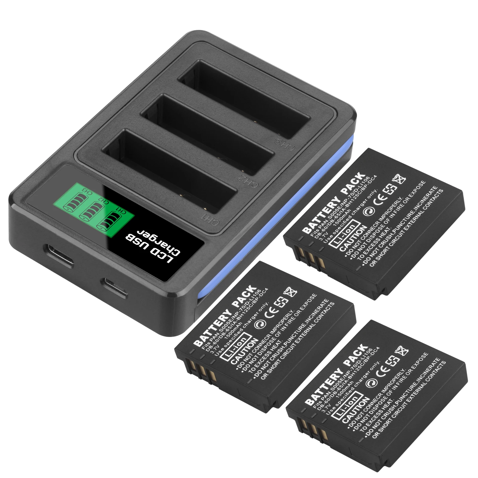 Фото Аккумулятор 1500 мАч CGA-S005 DB-60 DB-65 и зарядное устройство с 3 слотами для LCD-экранов для Panasonic Lumix DMW-BCC12 DMC-LX1 LX2 LX3 FX3, для FUJI NP-70 №1