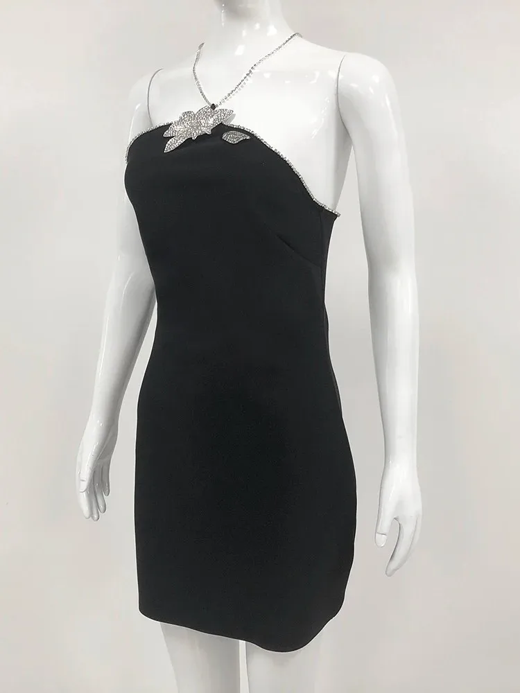 Женское облегающее мини-платье со стразами Элегантное Черное вечернее Клубное
