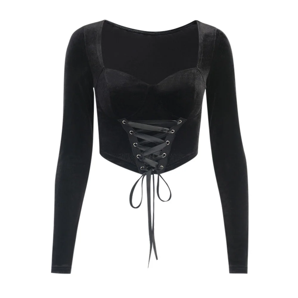 Retro Darkness Fashion Women T Shirt Long Sleeve Solid Color Punk Black Pullover Slim Square Collar Spring Fall Sexy Ladies Tops | Женская