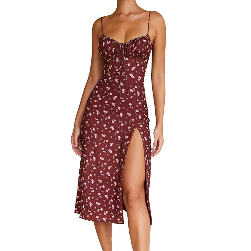 

Women Summer Sleeveless Sexy V-Neck Lace-Up Floral Midi Long Sling Dress Ruched Chest Backless Side High Slit High Waist Beach