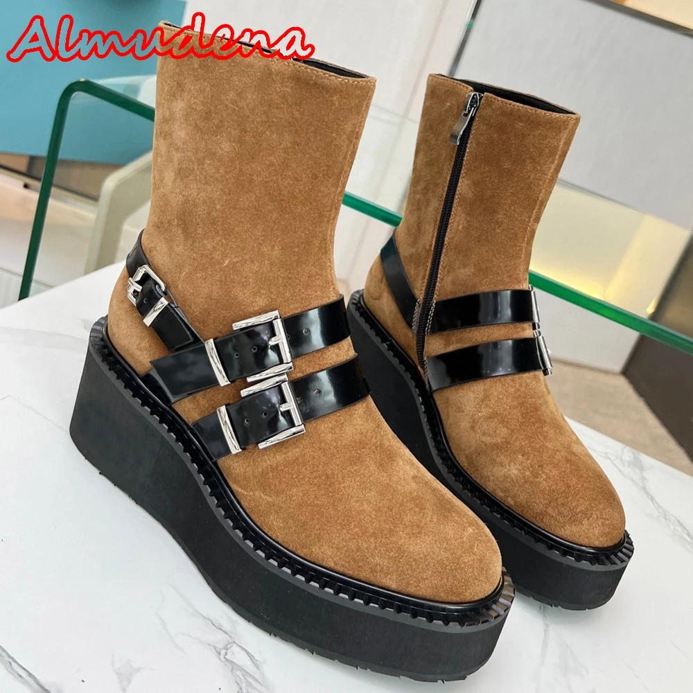 

Женские Фланелевые ботинки на высокой танкетке, с прямым ремешком и квадратным пряжкой, с круглым носком и боковой молнией, новинка зимы 2023, классические женские короткие ботинки