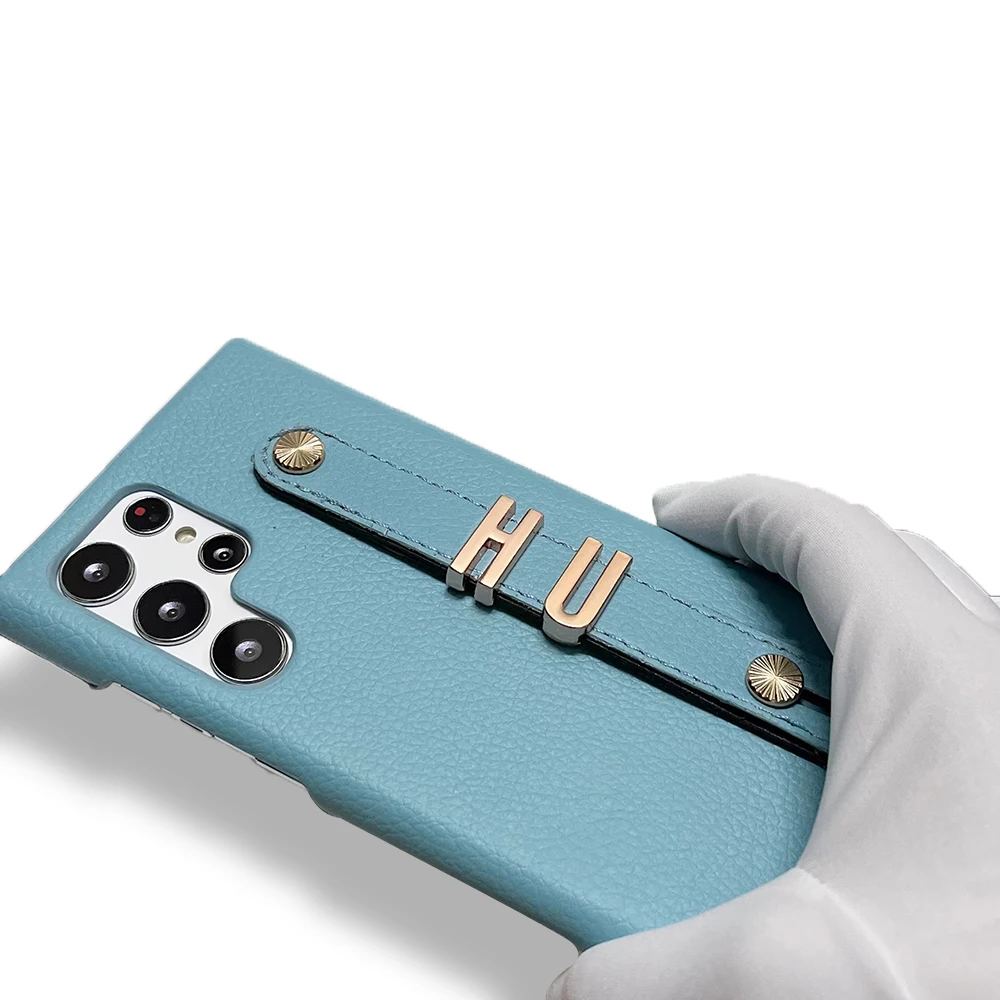 Luxury Leather Custom Name Rose Gold Metal Letters Phone Case For Samsung S20 S21 Fe S22 Plus Note20 Ultra Holder Personalized