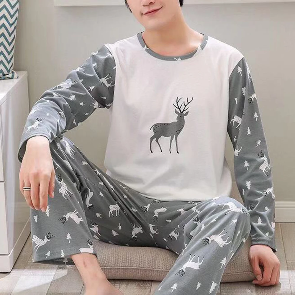 

2021 Autmn New Men Pajamas Long Sleeve O Neck Male Pajama Set Thin Loose Printed Pajamas Homewear Men Soft Casual Suit Sleepwear