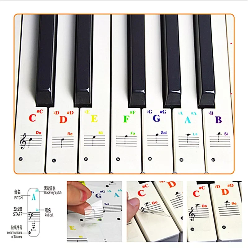 

Стикер для клавиатуры 49/54/61/88 цветов, электронная клавиатура, стикер для пианино, Stave Note, символ для белых клавиш