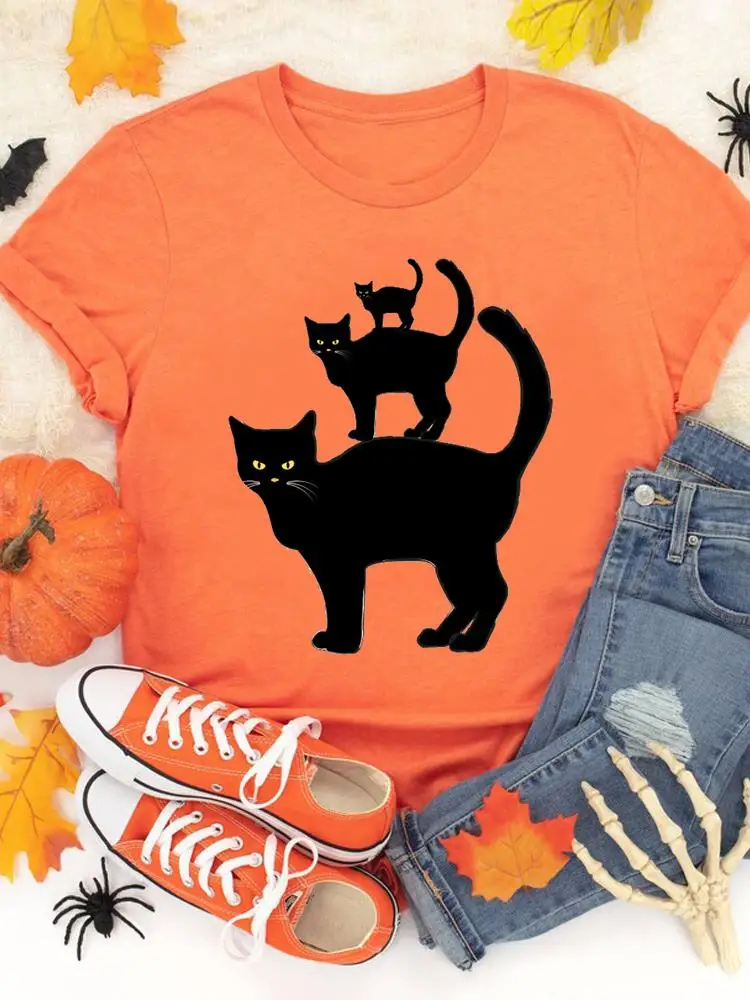 

Cat Lovely Pet Animal Halloween Fashion Fall Autumn Casual T-shirts Clothes Women Female T Clothing Ladies Print Graphic Tee