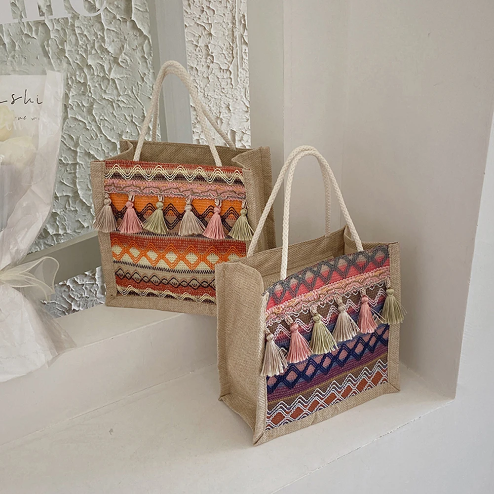 

Vintage Ethnic Style Shoulder Bag Women Lady Casual Linen Tote Handbag with Tassels Retro Travel Shopper Purse