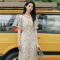 cgc korean style puff sleeves floral dress for women 2022 summer sexy split long party dresses vintage sexy v neck elegant dress