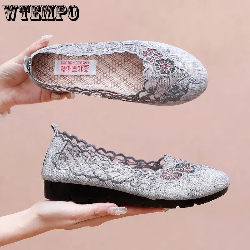 

WTEMPO Summer New Traditional Beijing Cloth Shoes Women Fashion Casual Solid Soft Sole Breathable Mesh Embroidered Flat Shoes