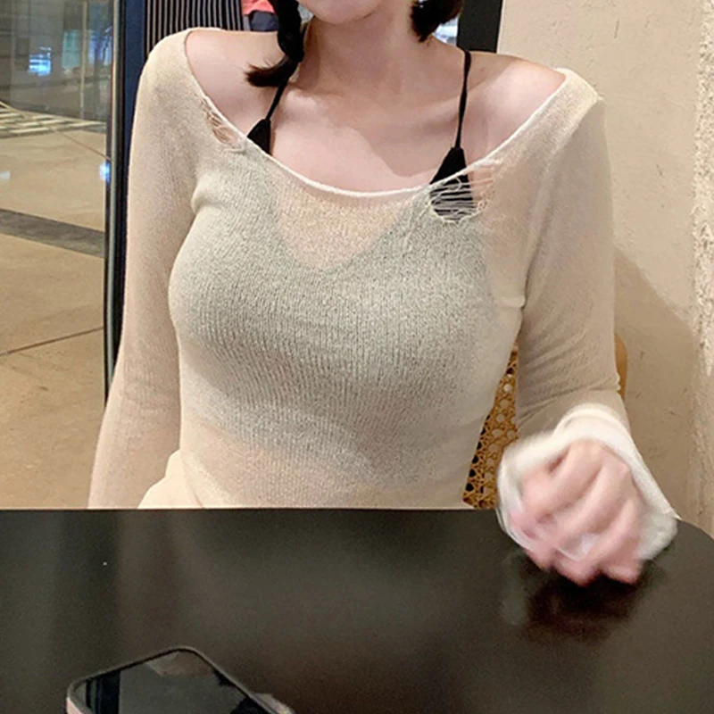 Harajuku гранж вязаные топы рваные с открытыми плечами футболки винтажный пуловер