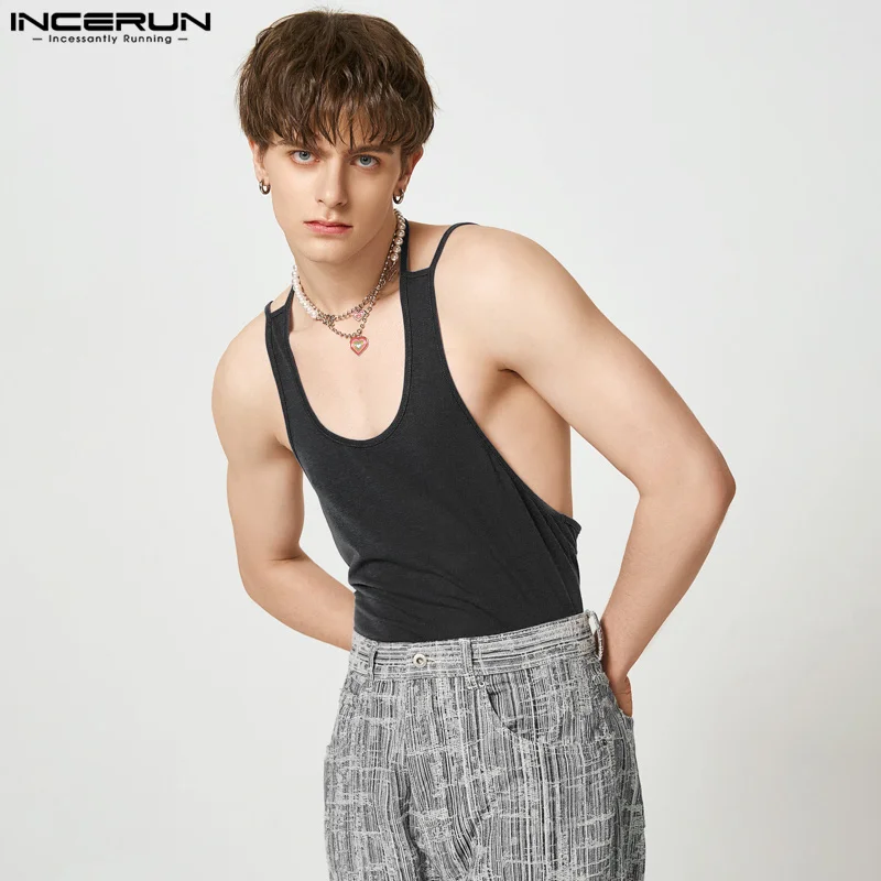 

INCERUN Handsome Men Sportswear Sleeveless Tank Tops 2023 Fashionable Leisure Male Solid All-match Simple O-Neck Waistcoat S-5XL