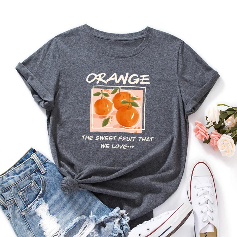 

Letters Orange Pattern Women's Cotton Round Neck Short Sleeve T-shirt Collision Casual Loose Plus Size Women's Tops