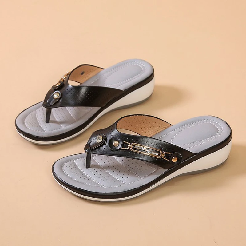 Women's Slippers Summer Sandals Women Outside Platform Leisure Flip Flops Fashion Metal Button Slides Shoes Wedge Beach