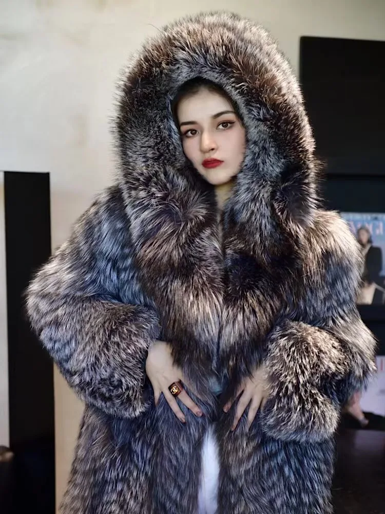 Genuine Silver Fox Fur Coat Women Winter Luxury Female Natural Silver Fox Fur Jacket Long Sleeve Real Silver Fox Fur Coat With H