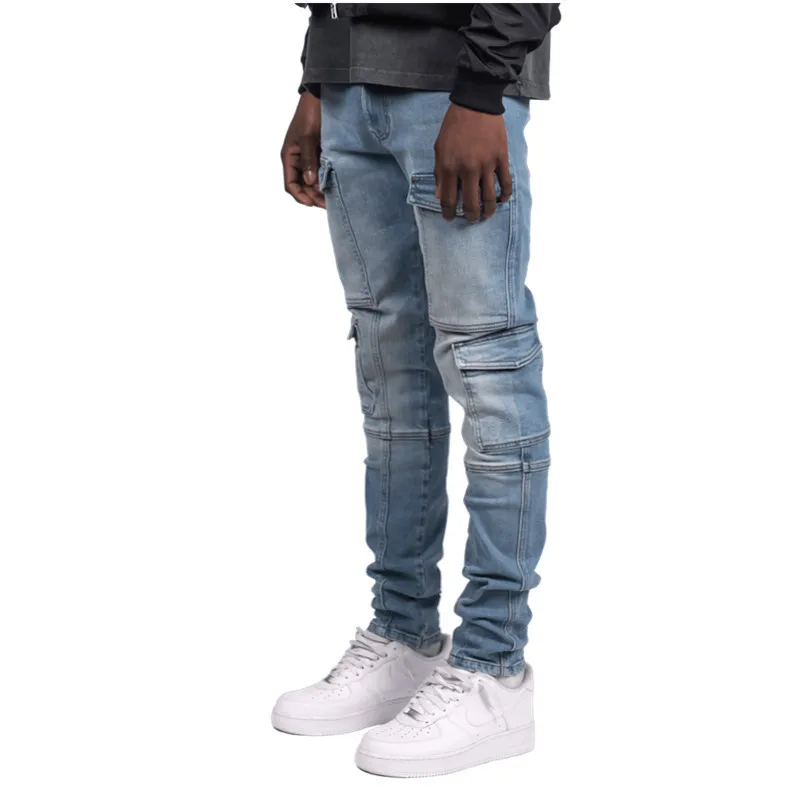 New Multi-pocket Men's Jeans Slim Stretch Trend Men's Jeans Pencil Pants Full Length Solid Color Trousers Denim Pants