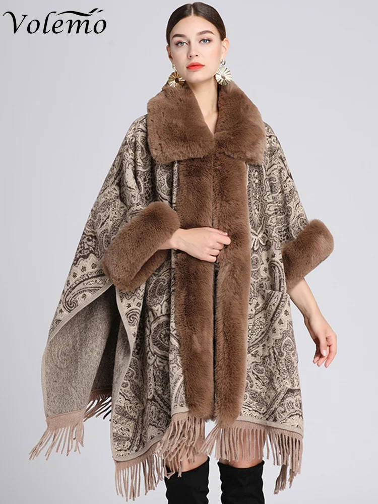 

Big Version Soft Warm Wool Blends Cape Coat Fashion Faux Rex Rabbit Fur Overcoat Pocket Jacquard Cloak Winter Women Wraps Lapel