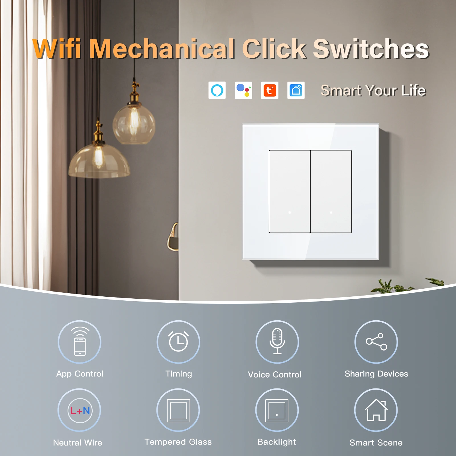 Фото BSEED 1/2/3/4Gang 2-позиционный Wi-Fi выключатель света Smart Click Кнопочный переключатель Стеклянная панель Светодиодный индикатор Поддержка Tuya Smart Life Google Home №3